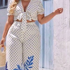 SHEIN White and Blue Polka Dot Jumpsuit